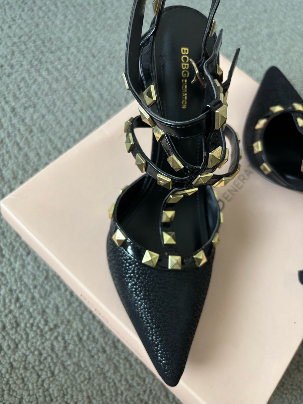 BCBGeneration Black Pointed T-Strap Heels with Gold Pyramid Studs - Picture 3 of 6